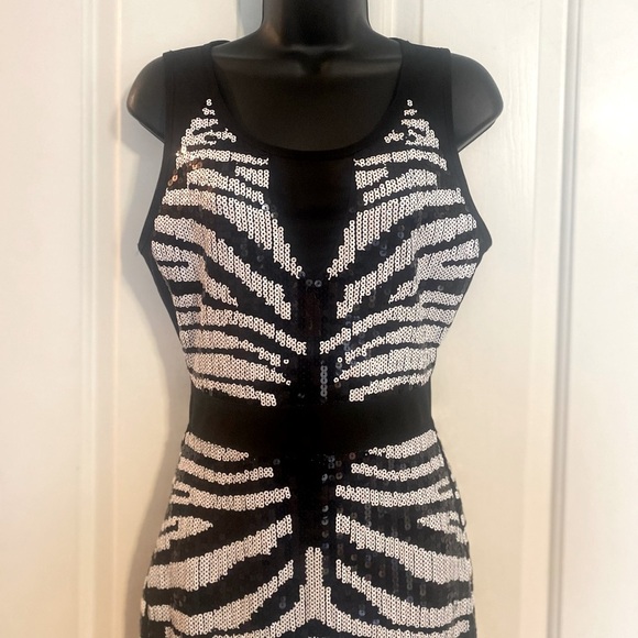 “BEBE” Zebra Stripes Sequin & Mesh Dress - Picture 2 of 11